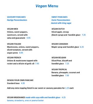 Vegan menu at Double Dutch Pancake House in York
