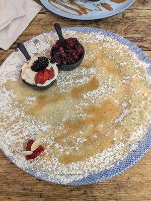 Pancake with berry compote and vegan yoghurt at Double Dutch Pancake House in York