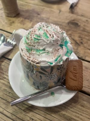 Seasonal pistachio hot chocolate   at Double Dutch Pancake House in York
