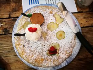 Vegan Belgian pancake with pear, Swedish glacé and biscoff spread at Double Dutch Pancake House in York