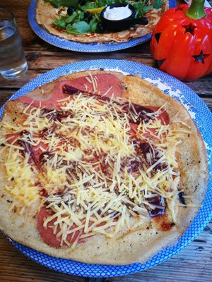 Vegan BBQ melt pancake with facon, vegan cheese and BBQ sauce at Double Dutch Pancake House in York