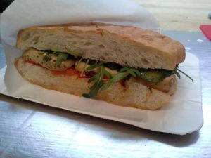 "Mama Mia" sandwich^
Italian bread
Sundried tomato Pesto
Fresh ruccola
Baked tofu"steak"
fresh tomato slice at Vegan.FTK in Moscow