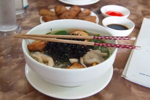 Vegan noodle soup with tofu and mushrooms at An Lac in Ninh Binh