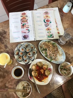Veggie rolls, banana flower salad and tofu in tomato sauce!  at An Lac in Ninh Binh