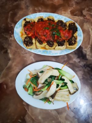 Mushroom stuffed tofu & season veggies at An Lac in Ninh Binh