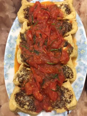 Mushroom & tomato stuffed tofu at An Lac in Ninh Binh