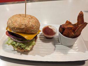 Vegan burger and sweet potato chips at Grill'd in Brisbane