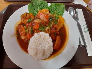 Vegan fish with rice and vegetables at Veganland - Karlovo Namesti in Prague