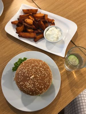 Very nice cheeseburger with sweet potato fries  at Veganland - Karlovo Namesti in Prague