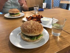 Very nice cheeseburger with sweet potato fries  at Veganland - Karlovo Namesti in Prague