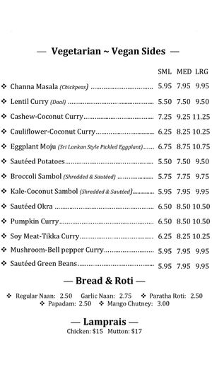 Vegan Items Menu at Cafe Lanka in La Crescenta