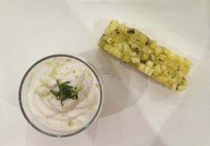 Lemon mousse made with almond milk with its pineapple  and kiwi brunoise at BioGourmands in Obernai