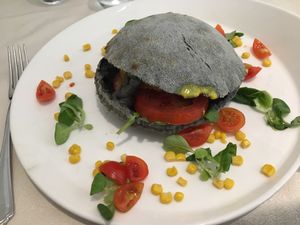 The burgers looked cool with the black bread, taste was sub avarage at Valentino Legend in Milan