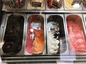 bitter choc, strawberry, orange, vanilla, choc, and a couple of sorbets all vegan  at Bohotis Gelateria Patisserie in Corfu