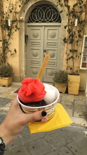 Dark chocolate, vanilla chocolate and watermelon  at Bohotis Gelateria Patisserie in Corfu