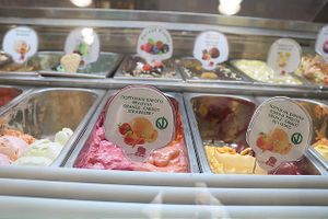 A good, tasty selection of vegan gelato... all clearly marked with the green circled V at Bohotis Gelateria Patisserie in Corfu