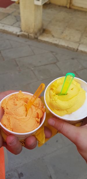 mandarin and mango sorbets at Bohotis Gelateria Patisserie in Corfu