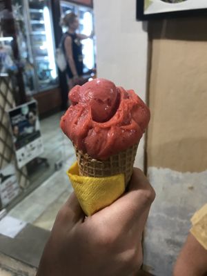 Vegan Strawberry sorbet  at Bohotis Gelateria Patisserie in Corfu