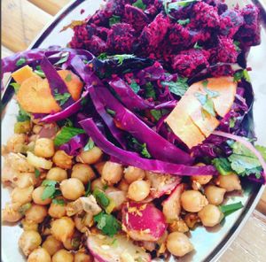 What makes us SOUTH Indian?
~ Light and healthy - perfect for a hot summers night!
~ COCONUT and more coconut, the mumma of all superfoods!
~ Curry leaves and mustard seeds, to protect your liver from damage.

Indian salads - Beetroot & coconut thoran, jaipur slaw, South Indian chickpea salad
 at Babaji's Kitchen in Belgrave