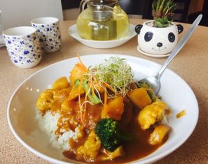 Rice with curried sauce at Veggie on Board in Hawthorn