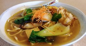 Combination soup noodles:
Ramen, dried mushroom, wonton, and tofu in Sichuan spicy stock.  at Veggie on Board in Hawthorn