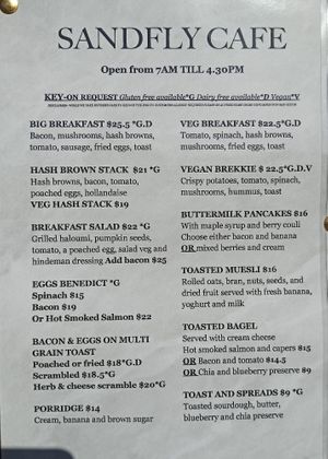 Menu at Sandfly Cafe in Te Anau