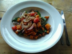 Vegan special: warm pumpkin salad w/ slow roasted cherry tomatoes, red onion, baby spinach & dukkah for $16 at Sandfly Cafe in Te Anau