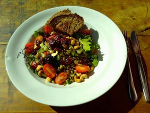 Vegan special: salad w/ cherry tomatoes, cucumber, capsicum, cashews, cranberries, pumpkin seeds, dressing & wholemeal ciabatta for $16 at Sandfly Cafe in Te Anau