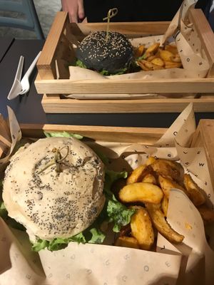 Tofungo Burger and Flower Burger, both served with fries at Flower Burger in Turin