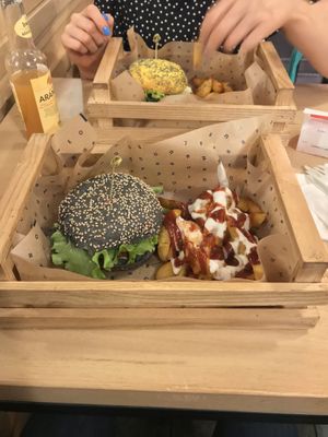 Flower burger with patatas bravas  at Flower Burger in Turin