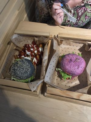 Flower burger and cherry bomb. Plus patatas bravas  at Flower Burger in Turin