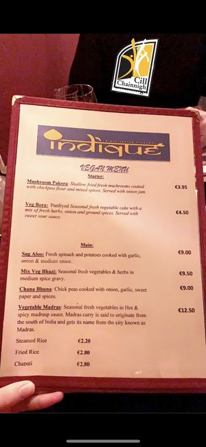 Menu at Indique in Kilkenny