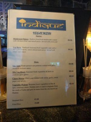 Vegan Menu at Indique in Kilkenny