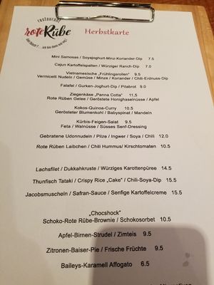 Menu, most is vegan or can be made vegan at Rote Rübe in Oberndorf In Tirol