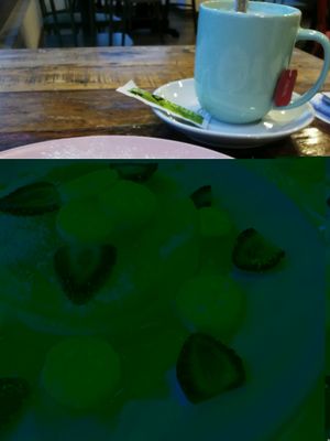 Vegan pancakes with syrup and fresh fruit of choice + chai tea made with almond milk at Organic Cafe in Fuengirola