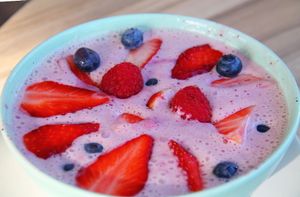 Smoothie bowl with berries and almond milk.  at Organic Cafe in Fuengirola
