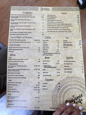 Drinks menu at Organic Cafe in Fuengirola