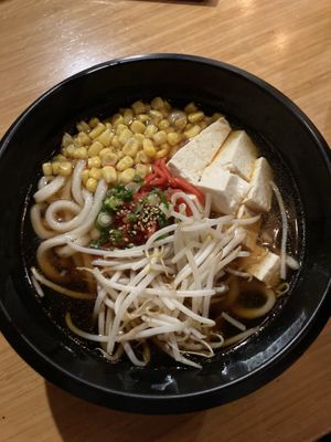 Udon ramen with corn and bean sprouts  at Gu Ramen Taps and Tapas in Laguna Beach