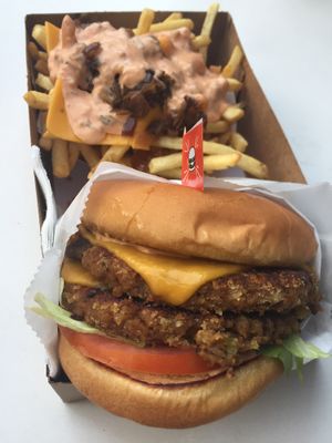 Double cheeseburger and vegan lord of the fries!  at Burgerlords - Chinatown in Los Angeles