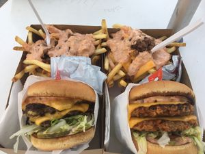Double Cheese Burger and Lord of the Fries Vegan in the Right at Burgerlords - Chinatown in Los Angeles