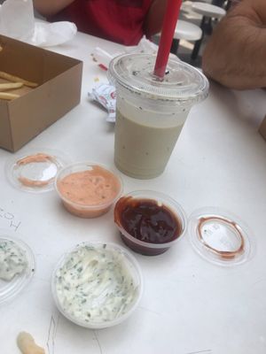 New Match shake which was amazing and free vegan dips! at Burgerlords - Chinatown in Los Angeles