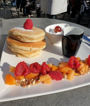 Pancakes with fruit syrup and coconut yogurt at Kaffabar in Brussels