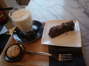 Soy milk, vegan cookie, and banana bread at Kaffabar in Brussels