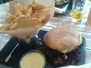 Farmer's burger with home fries & carrot-mustard dip. SO good. at Veggiezz - Alserbachstr in Vienna