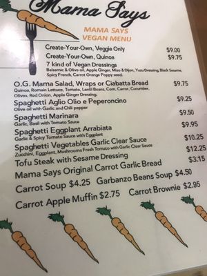 Vegan menu at Mama Says in Torrance