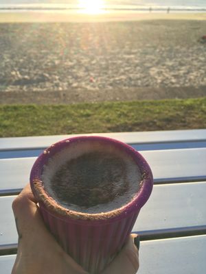 Hot chocolate in my own mug. at Ocean Shepherd Espresso Bar in Sunshine Coast