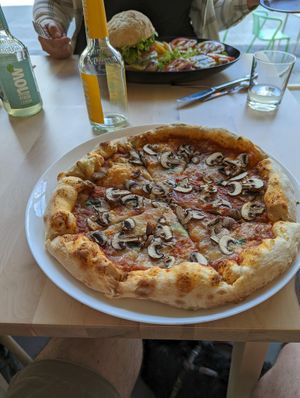 A mushroom pizza  at Veganel in Nuremberg