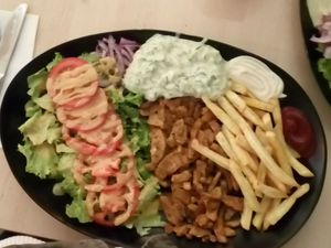 Vegagyros-Teller mit Zaziki und luftfrittierten Pommes at Veganel in Nuremberg