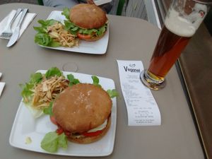 Veggie burger and red bean/seitan burger at Veganel in Nuremberg