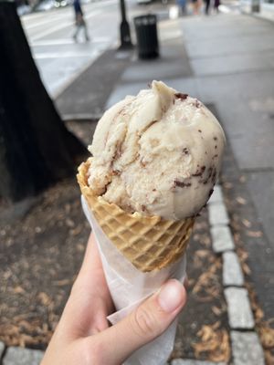 Peanut butter chocolate ice cream in waffle cone at Charm School in Richmond